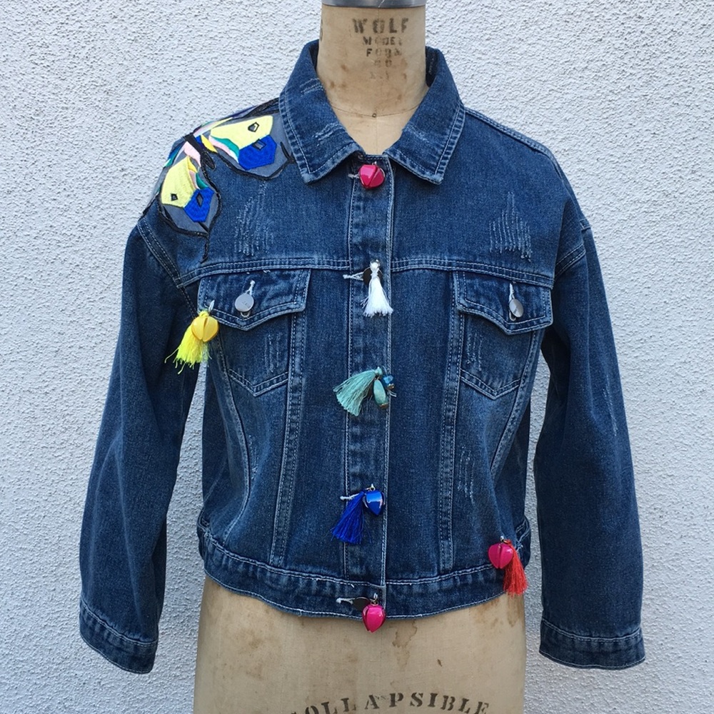Jean jacket with butterfly patch & colorful beads